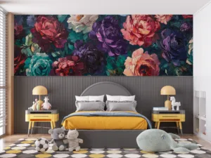 Vibrant floral arrangement of colorful roses in thick brushstrokes||