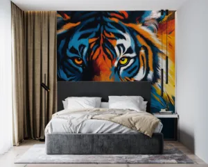 Close-up artwork of a tiger's face with vibrant colors||