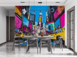 Vibrant pop art scene of Times Square|New York City with bright colors and dynamic energy.|