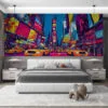 Vibrant urban pop art illustration depicting a busy city scene with yellow taxis and colorful billboards.
