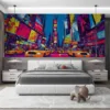 Vibrant urban pop art illustration depicting a busy city scene with yellow taxis and colorful billboards.||