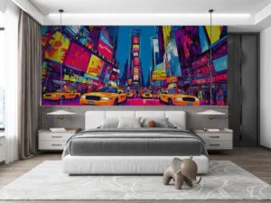 Vibrant urban pop art illustration depicting a busy city scene with yellow taxis and colorful billboards.