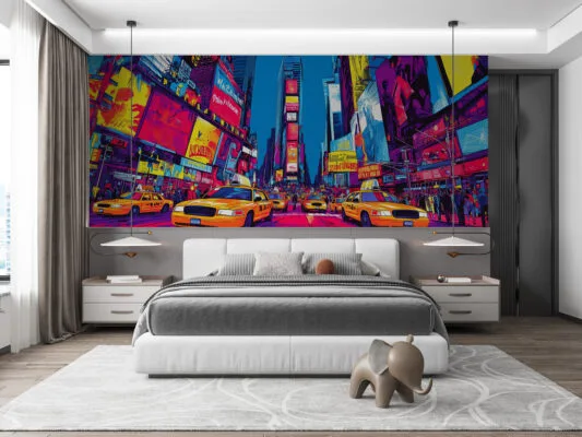 Vibrant urban pop art illustration depicting a busy city scene with yellow taxis and colorful billboards.