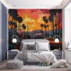 Stylized urban sunset scene with classic cars and palm trees.
