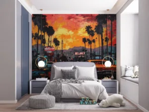 Stylized urban sunset scene with classic cars and palm trees.||