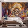 Dreamy watercolor market scene inspired by Istanbul's Grand Bazaar|featuring vibrant textiles and historical architecture.|