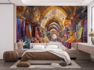 Dreamy watercolor market scene inspired by Istanbul's Grand Bazaar|featuring vibrant textiles and historical architecture.|