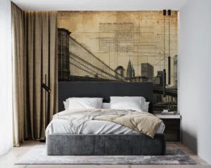Vintage engraving of the Brooklyn Bridge and New York City skyline