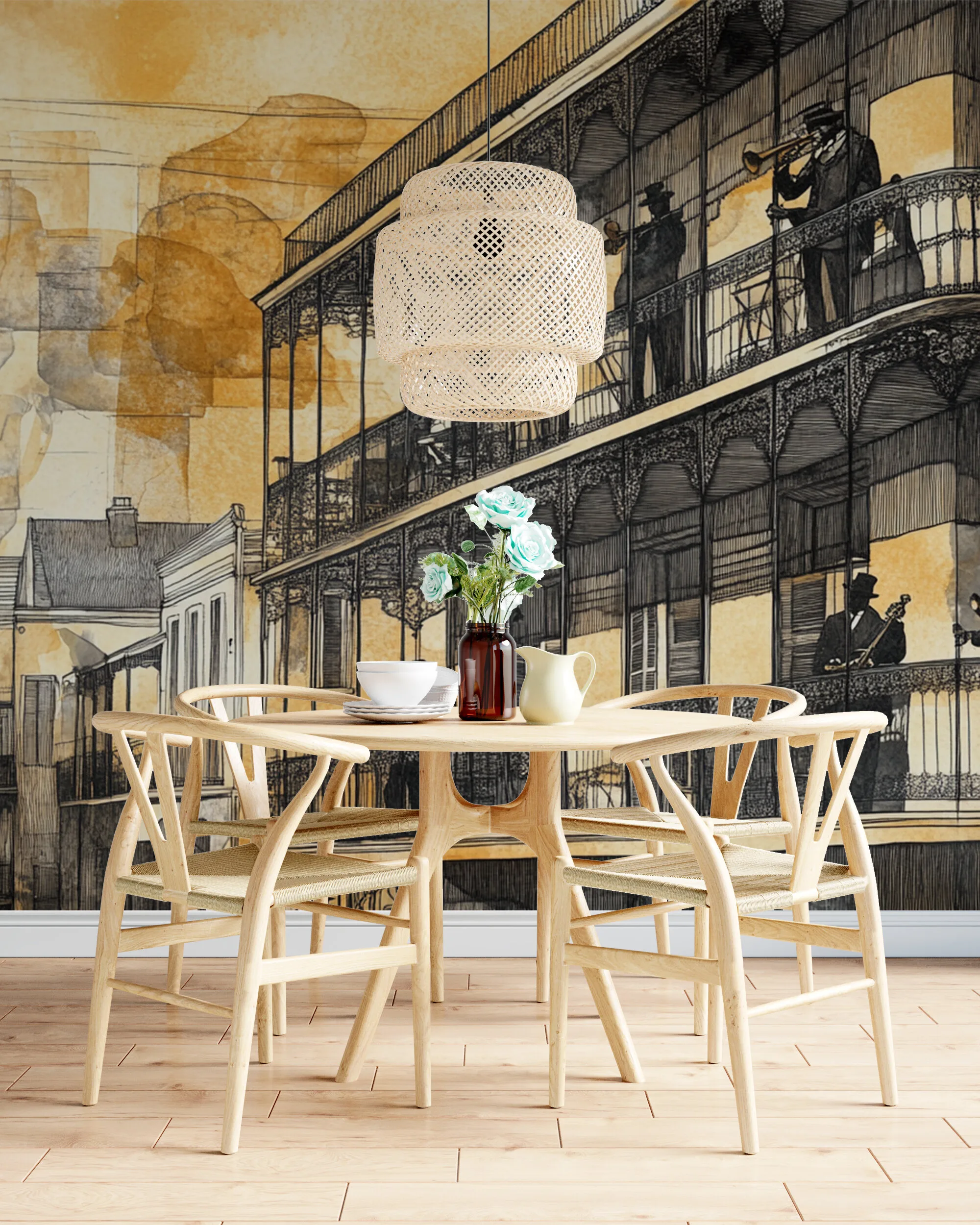 Rendered wallpaper image for Vintage Ink-Style New Orleans Scene Wall Mural
