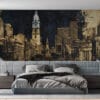 Textured vintage urban landscape painting of Philadelphia featuring a clock tower.