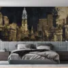 Textured vintage urban landscape painting of Philadelphia featuring a clock tower.||