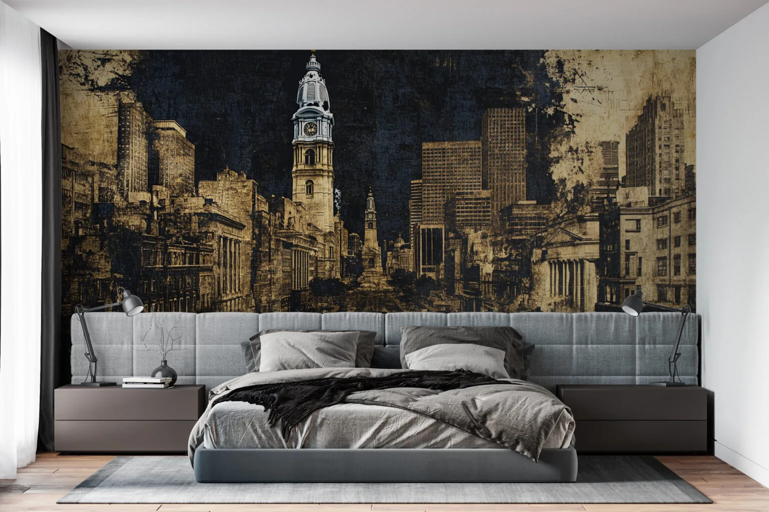Textured vintage urban landscape painting of Philadelphia featuring a clock tower.