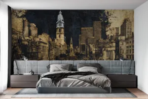 Textured vintage urban landscape painting of Philadelphia featuring a clock tower.||