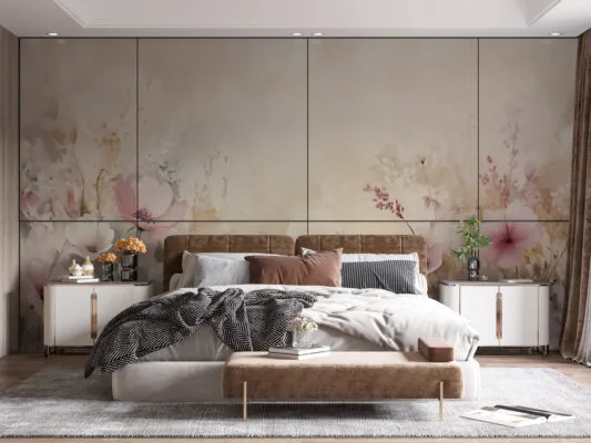 Soft watercolor floral design featuring pink and white flowers with muted greens.