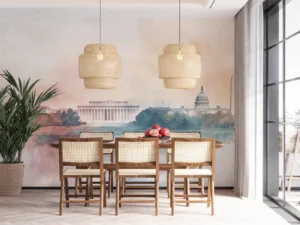 Soft watercolor painting of Washington D.C. skyline with landmarks and reflections in water.||