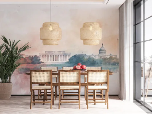 Soft watercolor painting of Washington D.C. skyline with landmarks and reflections in water.