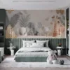 Whimsical cartoon-style elephants and a giraffe in a serene pastel setting.||