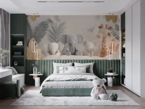 Whimsical cartoon-style elephants and a giraffe in a serene pastel setting.