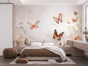 Serene artwork featuring colorful butterflies among floral elements.