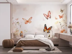 Serene artwork featuring colorful butterflies among floral elements.||
