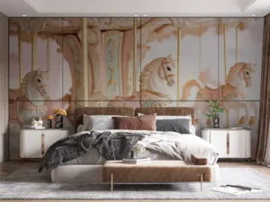 Pastel carousel horses on a whimsical amusement park ride||