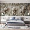 Three stylized elephants surrounded by tropical foliage in a serene setting.