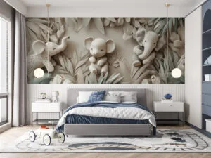 Three stylized elephants surrounded by tropical foliage in a serene setting.