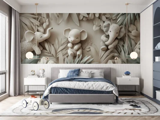 Three stylized elephants surrounded by tropical foliage in a serene setting.