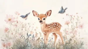 Alternative view of Whimsical Fawn in a Floral Paradise Wall Mural