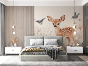 Young fawn surrounded by flowers and birds in a natural setting||