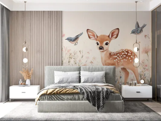 Young fawn surrounded by flowers and birds in a natural setting