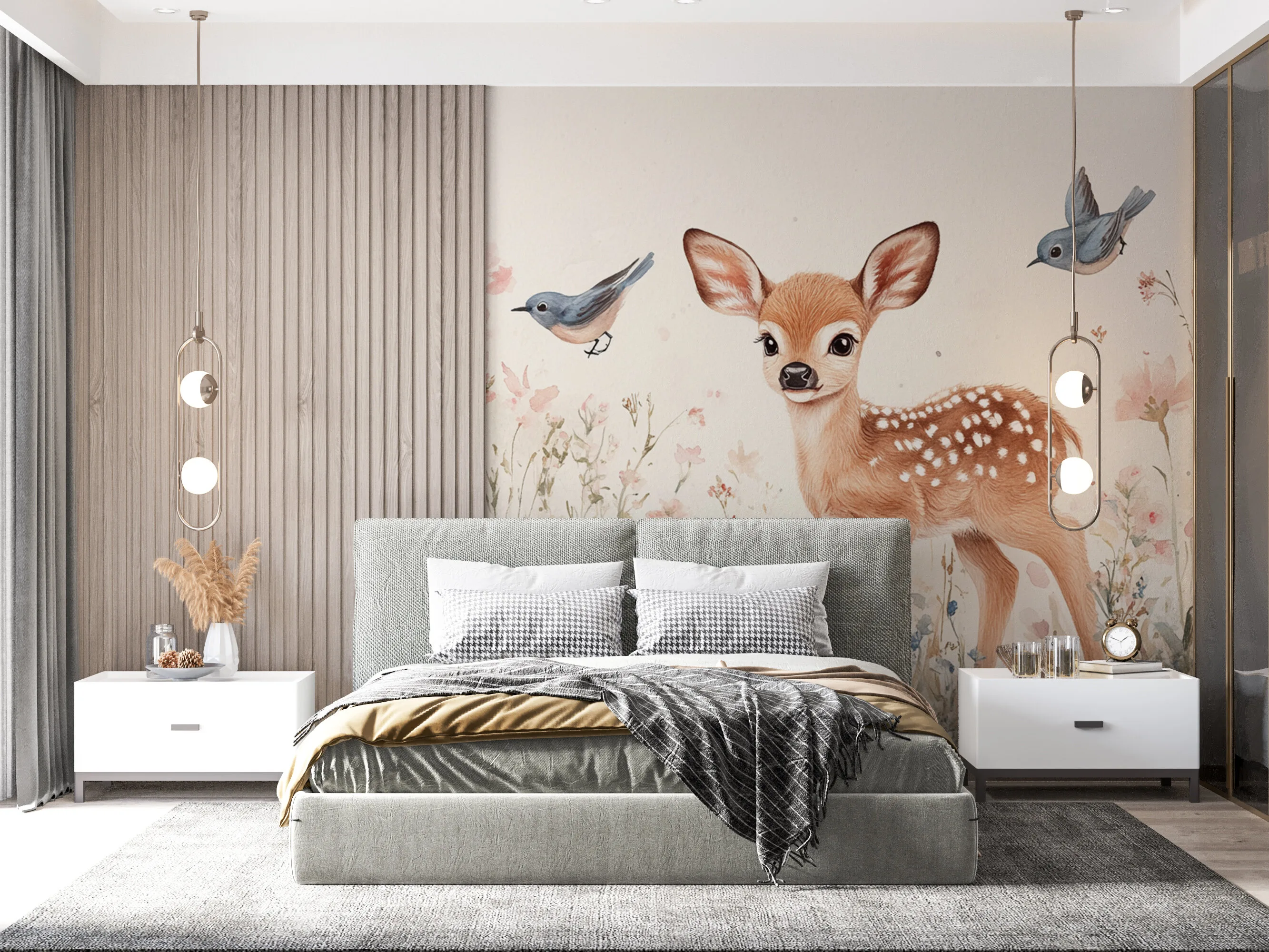 Rendered wallpaper image for Whimsical Fawn in a Floral Paradise Wall Mural
