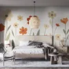 Stylized flowers in various shapes and sizes against a light background||