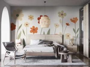 Stylized flowers in various shapes and sizes against a light background