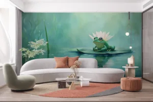 Cartoon-style frog on a lily pad in a serene pond setting.||
