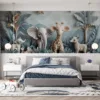 Whimsical jungle scene with an elephant|giraffe|and rhinoceros surrounded by tropical foliage.