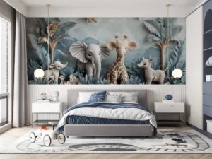 Whimsical jungle scene with an elephant|giraffe|and rhinoceros surrounded by tropical foliage.
