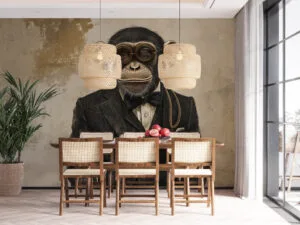 Stylized monkey in formal outfit with vintage goggles against a textured wall