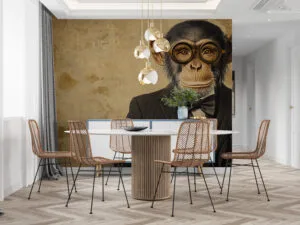 Stylized monkey in a suit with glasses against a textured background