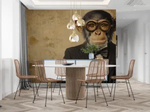 Stylized monkey in a suit with glasses against a textured background||