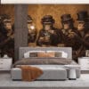 Five anthropomorphic monkeys in formal attire gathered around a vintage table in a parlor setting.