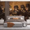 Five anthropomorphic monkeys in formal attire gathered around a vintage table in a parlor setting.||