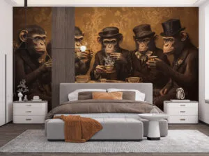 Five anthropomorphic monkeys in formal attire gathered around a vintage table in a parlor setting.