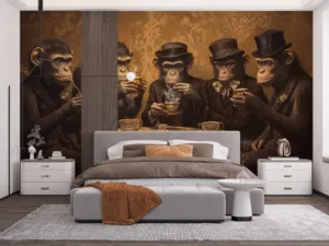 Five anthropomorphic monkeys in formal attire gathered around a vintage table in a parlor setting.||