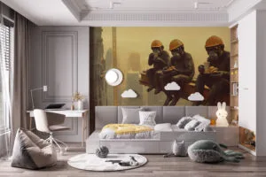 Three monkeys with hard hats sitting on a beam above a cityscape
