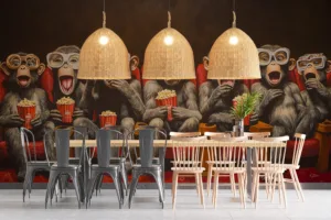 Cartoon monkeys in a theater wearing oversized glasses and enjoying popcorn and drinks.||