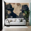 Two anthropomorphic monkeys in dark coats and hats against a textured wall in an urban setting.||