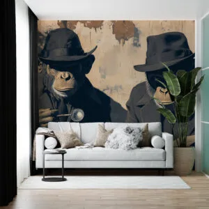 Two anthropomorphic monkeys in dark coats and hats against a textured wall in an urban setting.