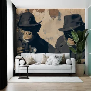Two anthropomorphic monkeys in dark coats and hats against a textured wall in an urban setting.||