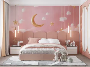 Dreamy night sky with fluffy clouds and a golden crescent moon||